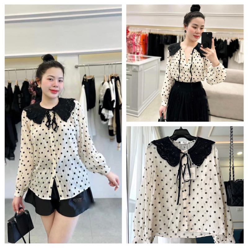 ÁO SƠ MI CHẤM BI PHỐI CỔ REN HÀNG THIẾT kẾ FULL MÓC