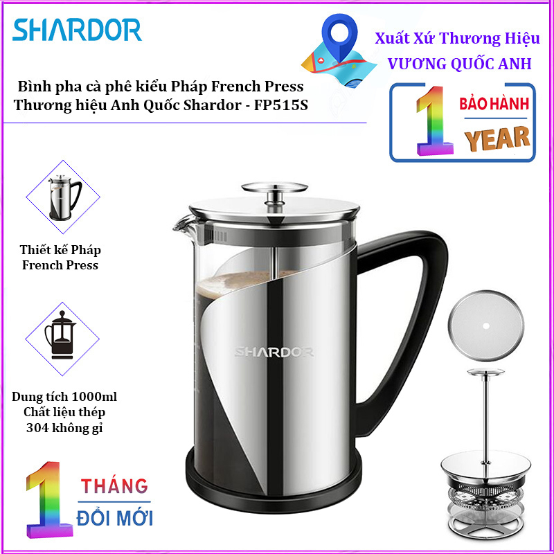 Bình pha cà phê kiểu Pháp French Press Shardor FP515S, dung tích 1000ml, bảo hành chính hãng 12 tháng