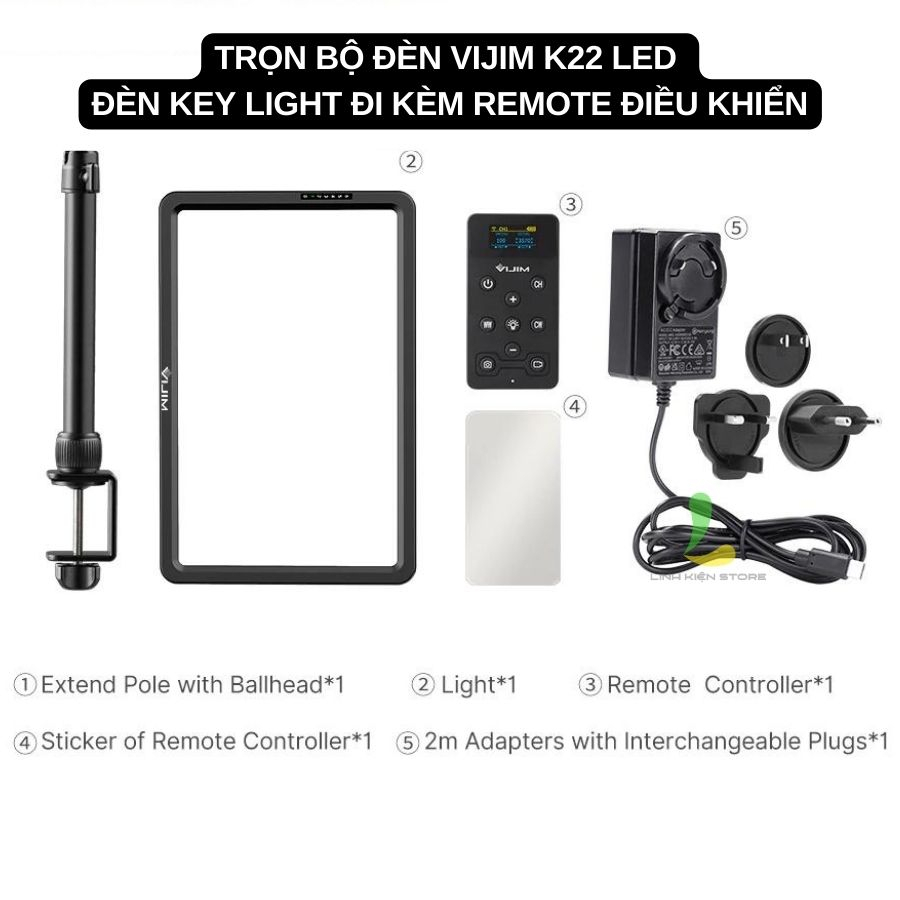 Đèn trợ sáng VIJIM K22 - Bộ đèn LED Key Light kèm Remote điều khiển từ xa thông minh và giá đỡ chữ C kẹp bàn