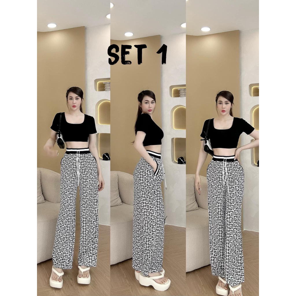 [4.4 Sales Freeship]Set thun thể thao nữ, set áo thun đen cổ vuông tay ngắn croptop phối quần rộng in họa tiết mtb