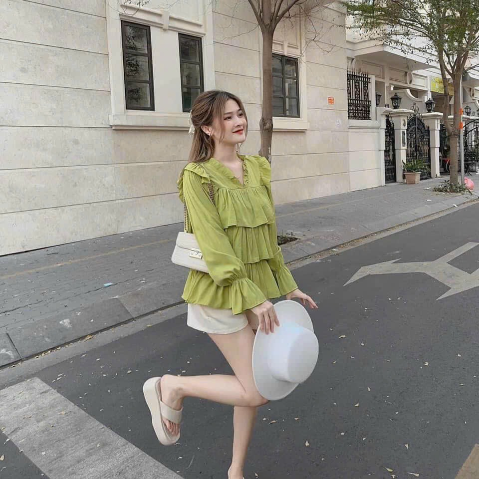 [4.4 Sales Freeship] Set bộ đùi babydoll bèo tầng cổ v tay dài mix quần sooc đùi, set tiểu thư cổ bèo hàn quốc mtb