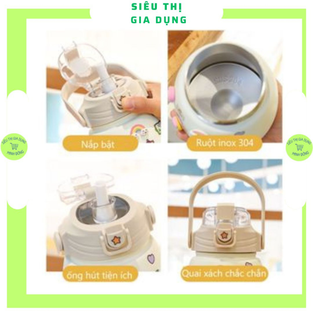 Bình giữ nhiệt cute 800ml cho bé có ống hút dễ thương, Bình nước giữ nhiệt 900ml cute có dây đeo inox 304 tặng sticker