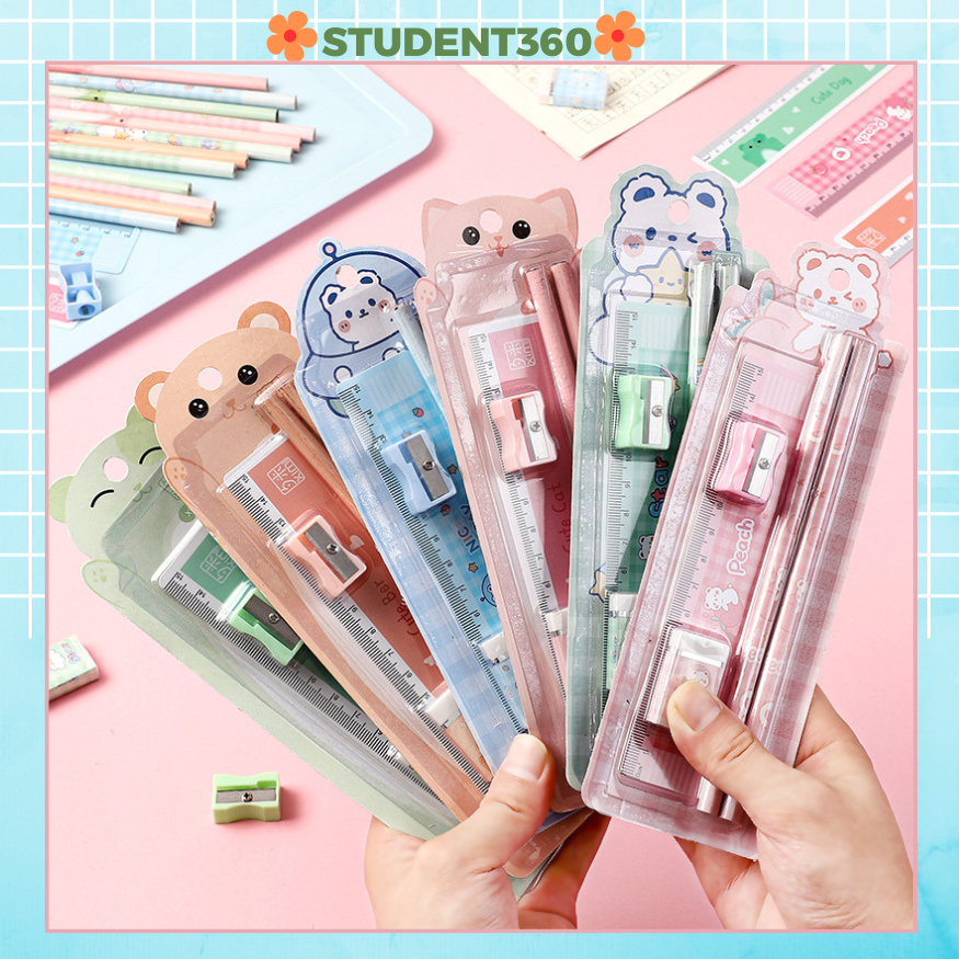 Bộ 5 Món Bút Chì, Thước, Tẩy, Gọt Bút Chì Cực Tiện Lợi, Dễ Thương Dụng Cụ Học Tập