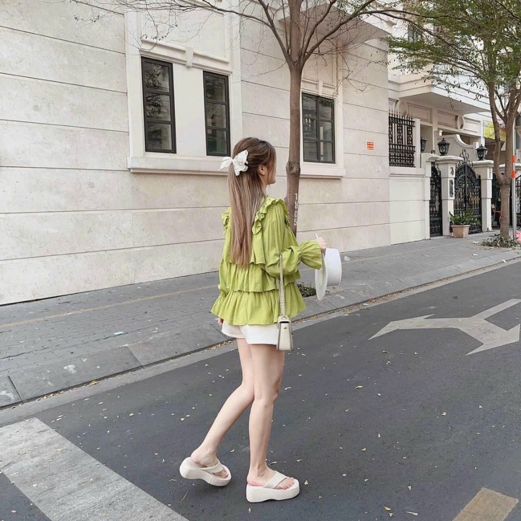 [4.4 Sales Freeship] Set bộ đùi babydoll bèo tầng cổ v tay dài mix quần sooc đùi, set tiểu thư cổ bèo hàn quốc mtb