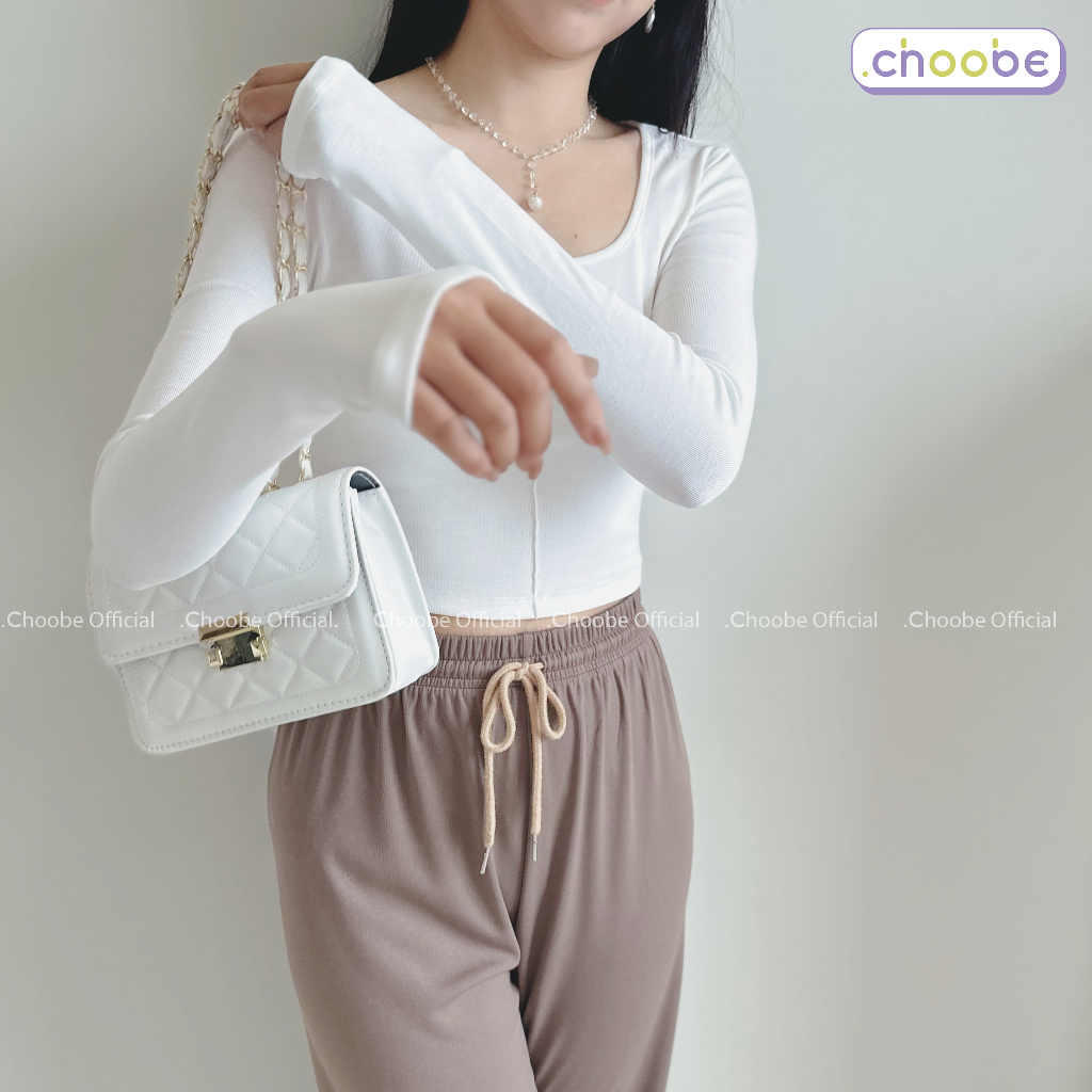 Áo croptop tay dài nữ Choobe cổ vuông gân giữa vải thun ôm body  cotton co giãn tốt
