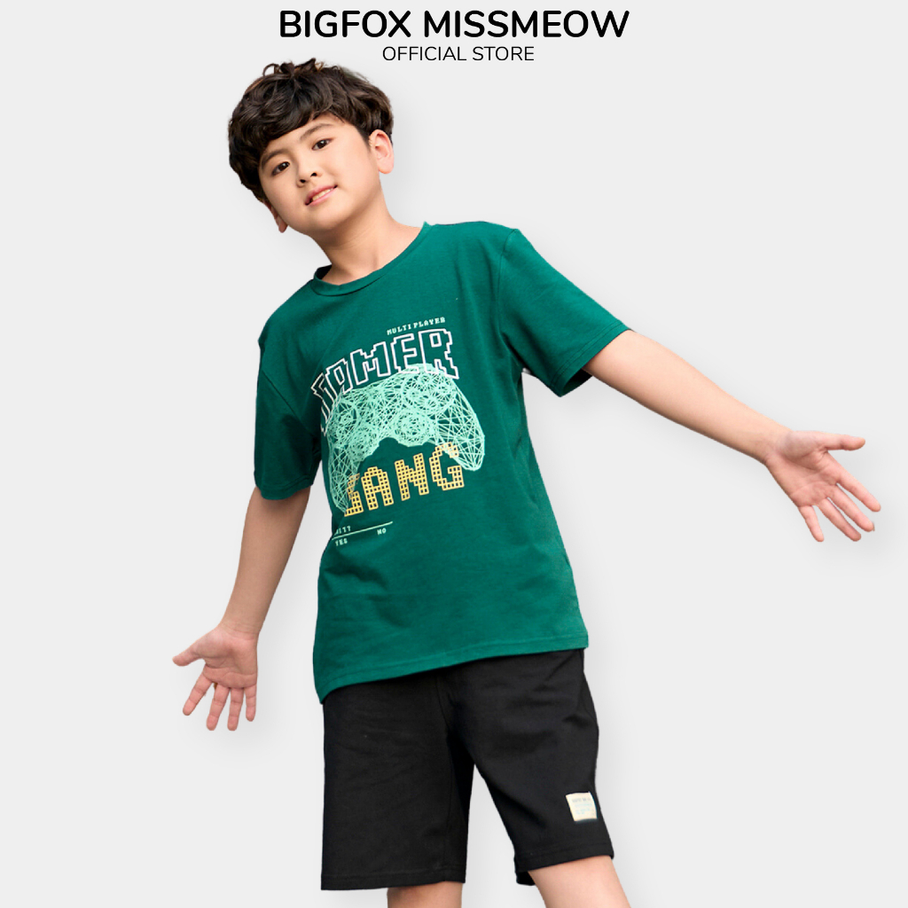 Đồ bộ bé trai size đại Bigfox Miss Meow kiểu Hàn dáng cộc tay vải cotton, in Game Gang cho 12-15 tuổi, 40kg, 55kg