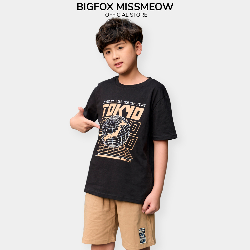 Bộ bé trai Bigfox Miss Meow size đại phom Hàn chất cotton, kiểu cộc tay mùa hè hình in Tokyo cho 12-15 tuổi, 40kg, 50kg