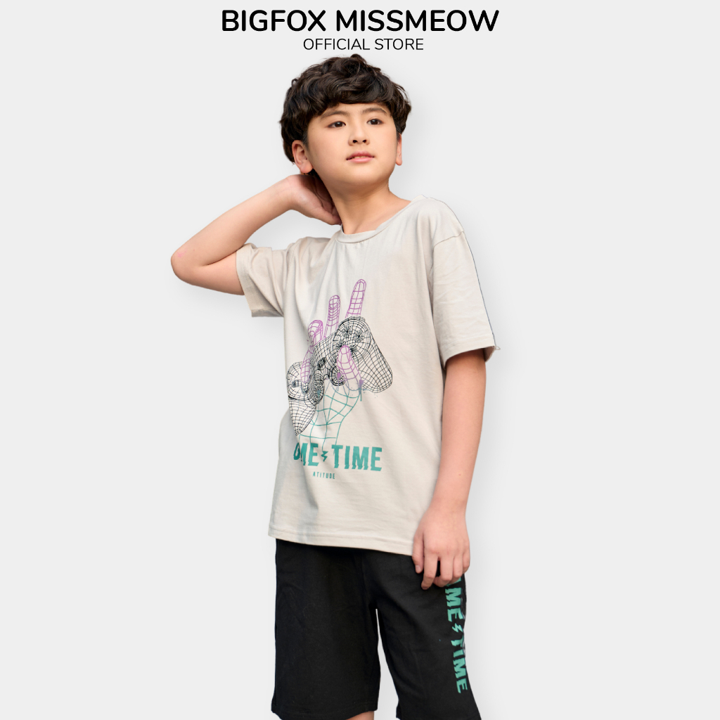 Bộ bé trai size đại Bigfox Miss Meow mùa hè cộc tay chất cotton, kiểu Hàn in Game Time cho 12,13,14,15 tuổi, 40kg -50kg