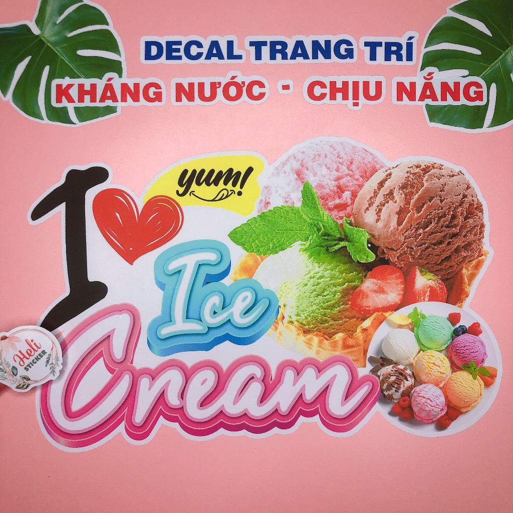 Decal Trang Trí Quán Kem ICE CREAM Loại 1 ✨ Hình Dán Decor Tiệm Kem, Trà Sữa - Sticker Kháng Nước, Chịu Nắng, Cắt Sẵn.