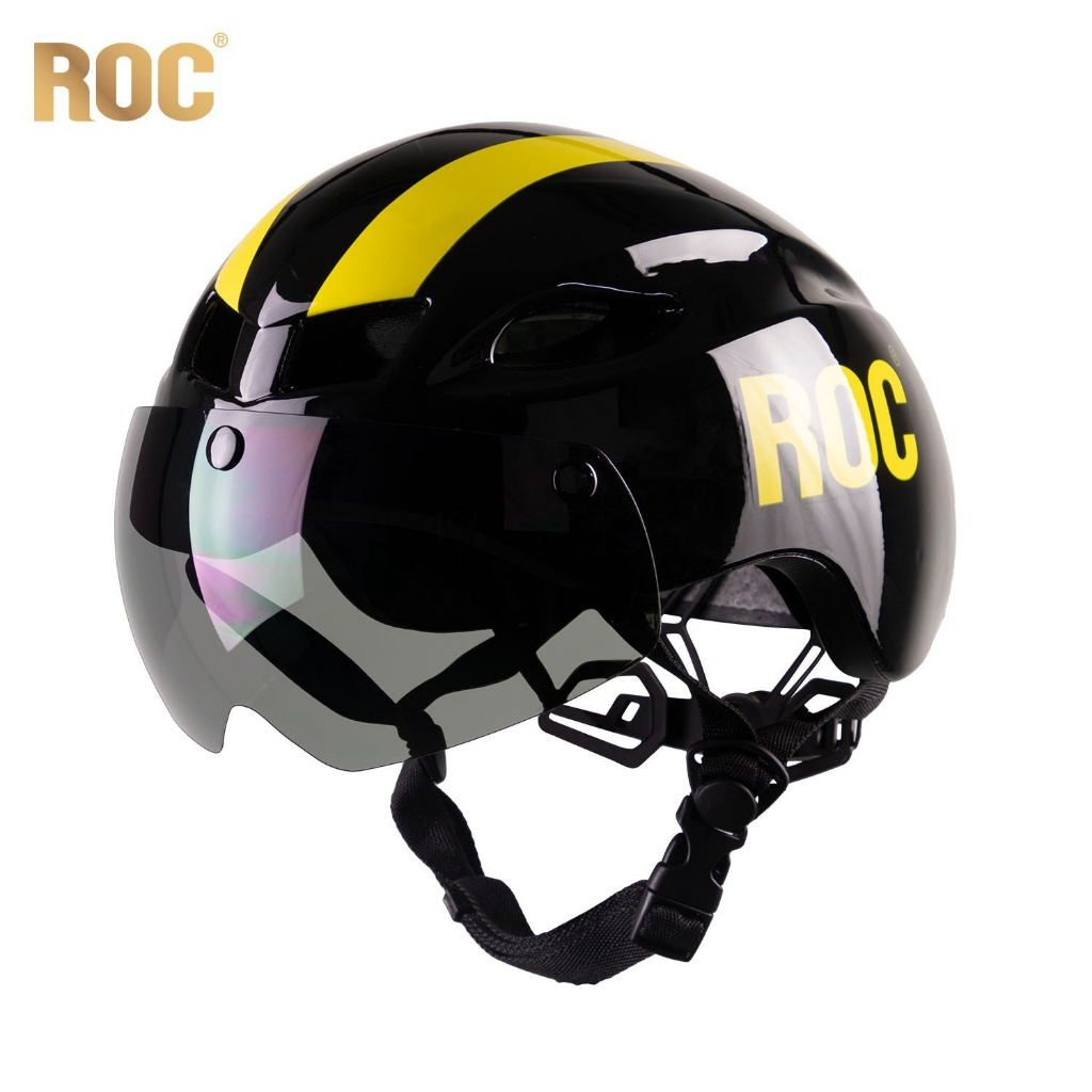 Mũ bảo hiểm thể thao Roc r16 V4 đen vàng có kính hít nam châm, nón roc 16 giống poc 01