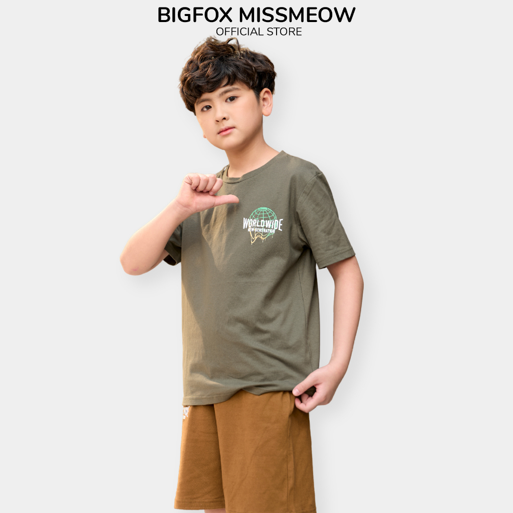 Bộ thun bé trai Bigfox Miss Meow size đại mùa hè chất cotton, kiểu cộc tay in World Wide 12-15 tuổi, từ 40kg -50kg