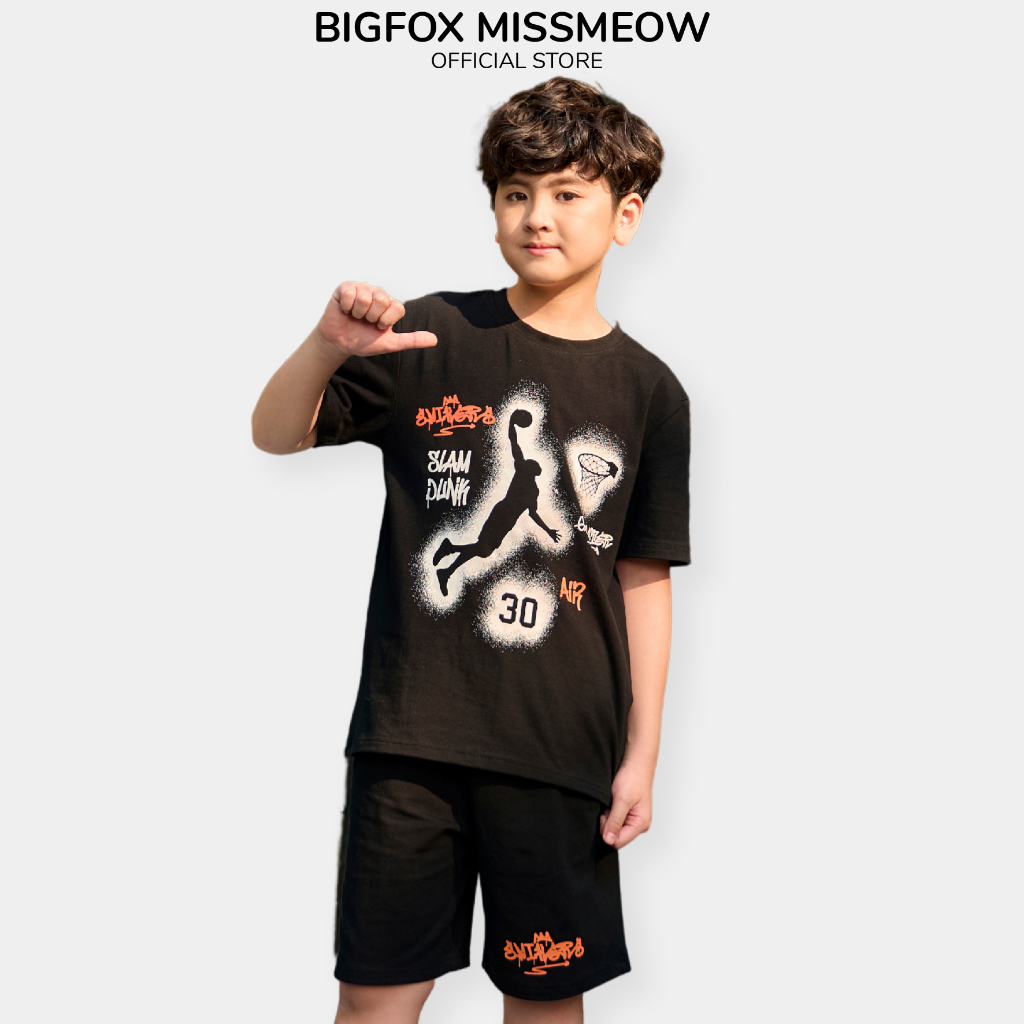 Bộ đồ bé trai size đại Bigfox Miss Meow mùa hè cộc tay chất cotton, kiểu Hàn in bóng rổ 12,13,14,15 tuổi, 40kg -50kg