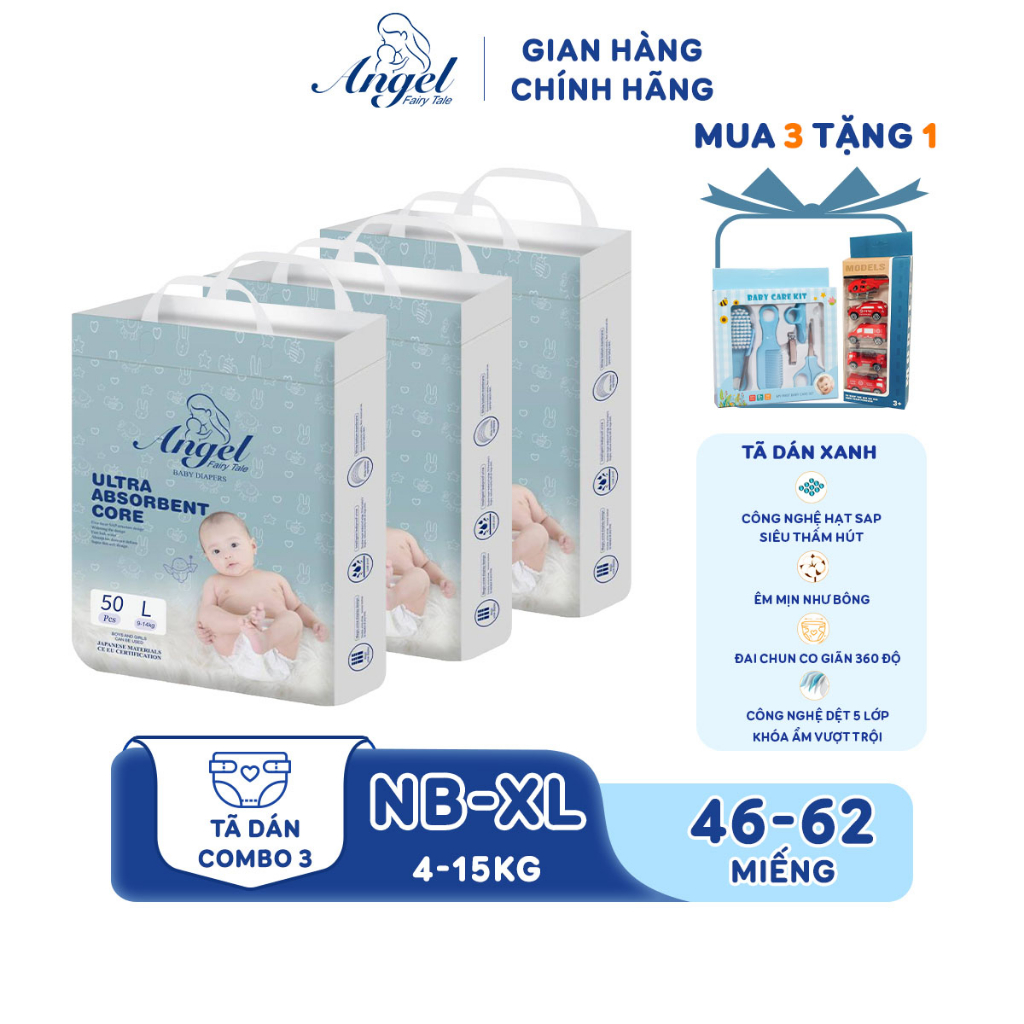 COMBO 3 Tã Dán ANGEL Ultra Absorbent Core Size NB62- S58-M54-L50-XL46