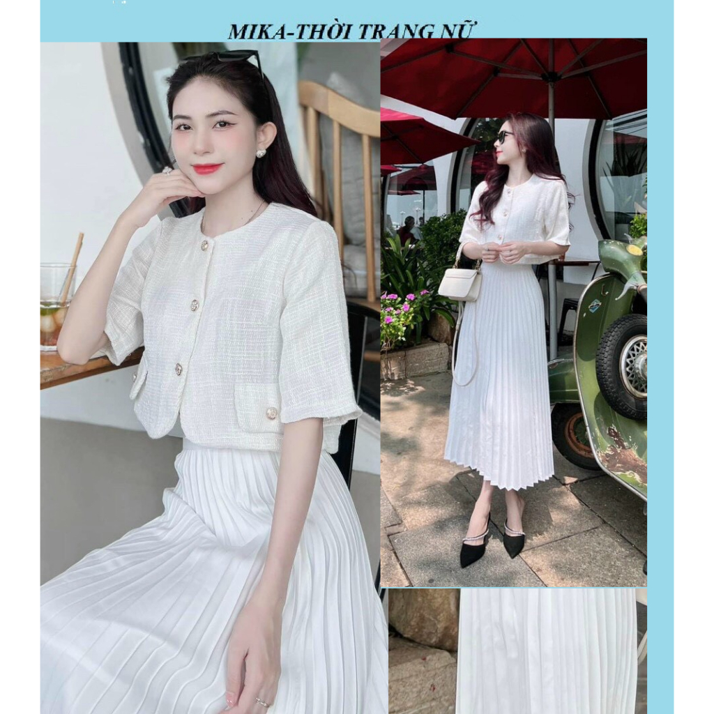 Sét áo linen cài nút thật kèm chân váy voan dập ly siêu xinh phù hợp cho các buổi tiệc