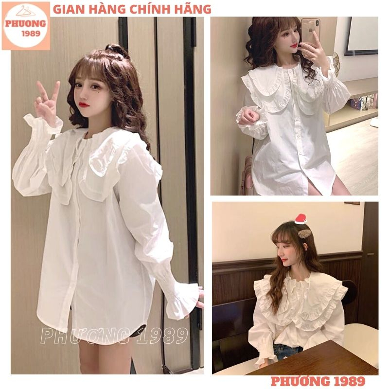 Áo sơ mi trắng cổ sen bèo tầng dài tay bo ống cực xinh, Áo kiểu sơ mi tay phồng bo chun phong cách hàn quốc ulzan - 1989