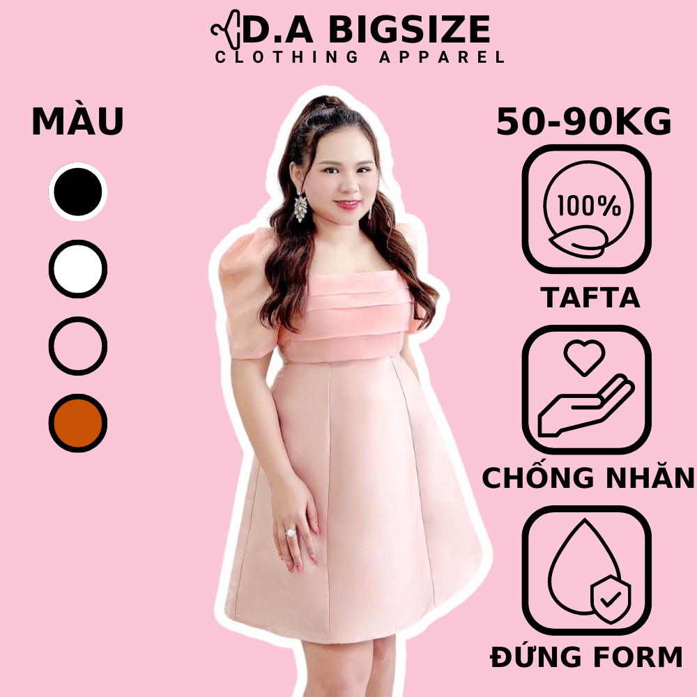 Đầm Dự Tiệc , Váy Nữ Bigsize Cổ Vuông Tay Phồng Xếp Ly Ngực Che Khuyết Điểm Cho Người Mập 50.90kg