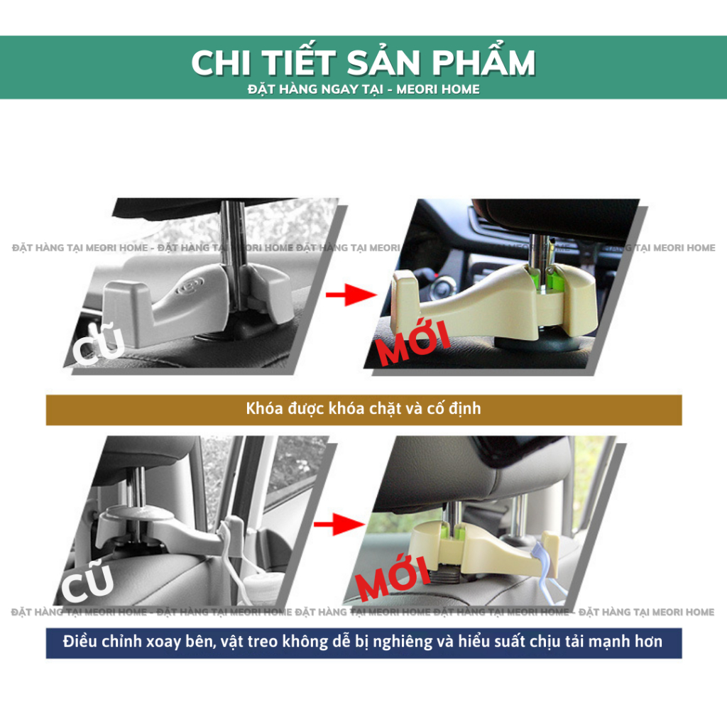 Set 2 móc treo đồ trên ô tô gài trước sau ghế thiết kế chắc chắn cao cấp Meorihome