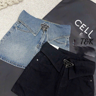 Chân váy jeans prada lật cạp kèm đai