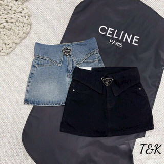 Chân váy jeans prada lật cạp kèm đai