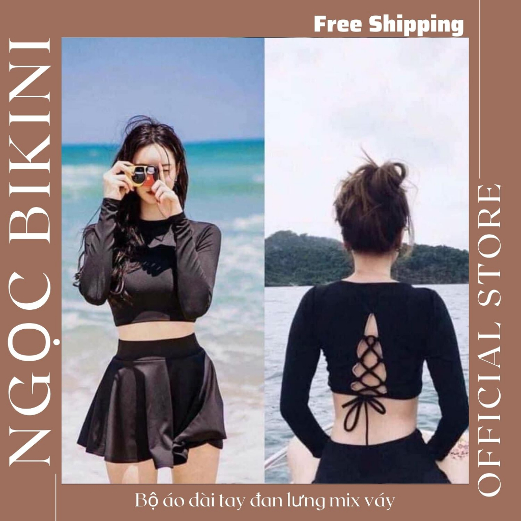 Bộ bikini dài tay đan lưng mix váy xoè màu Đen đồ bơi kín đáo chống nắng