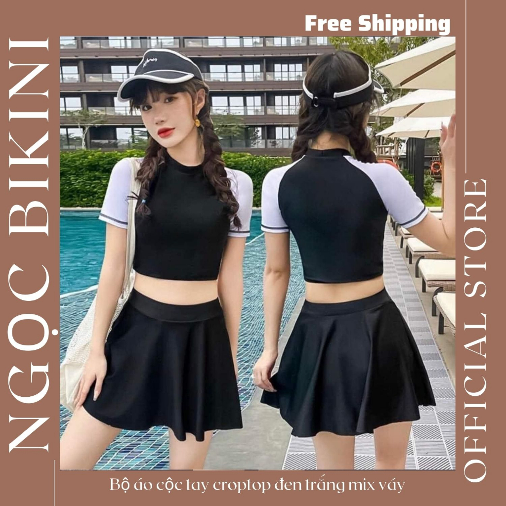 Bộ bikini cộc tay croptop đen trắng phối váy trẻ trung kín đáo