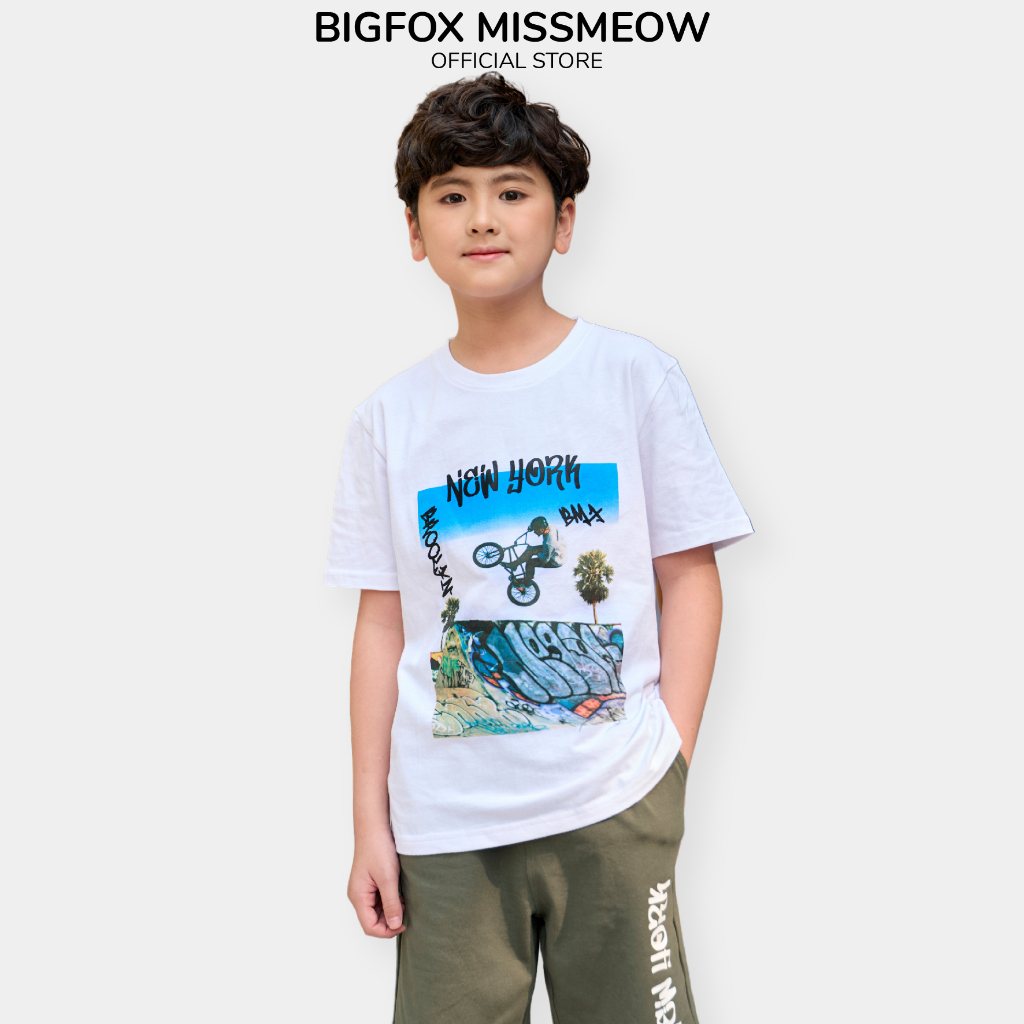 Bộ hè bé trai Bigfox Miss Meow size đại phom Hàn chất cotton, dáng cộc tay hình in đẹp cho 12-15 tuổi, từ 40kg, 50kg