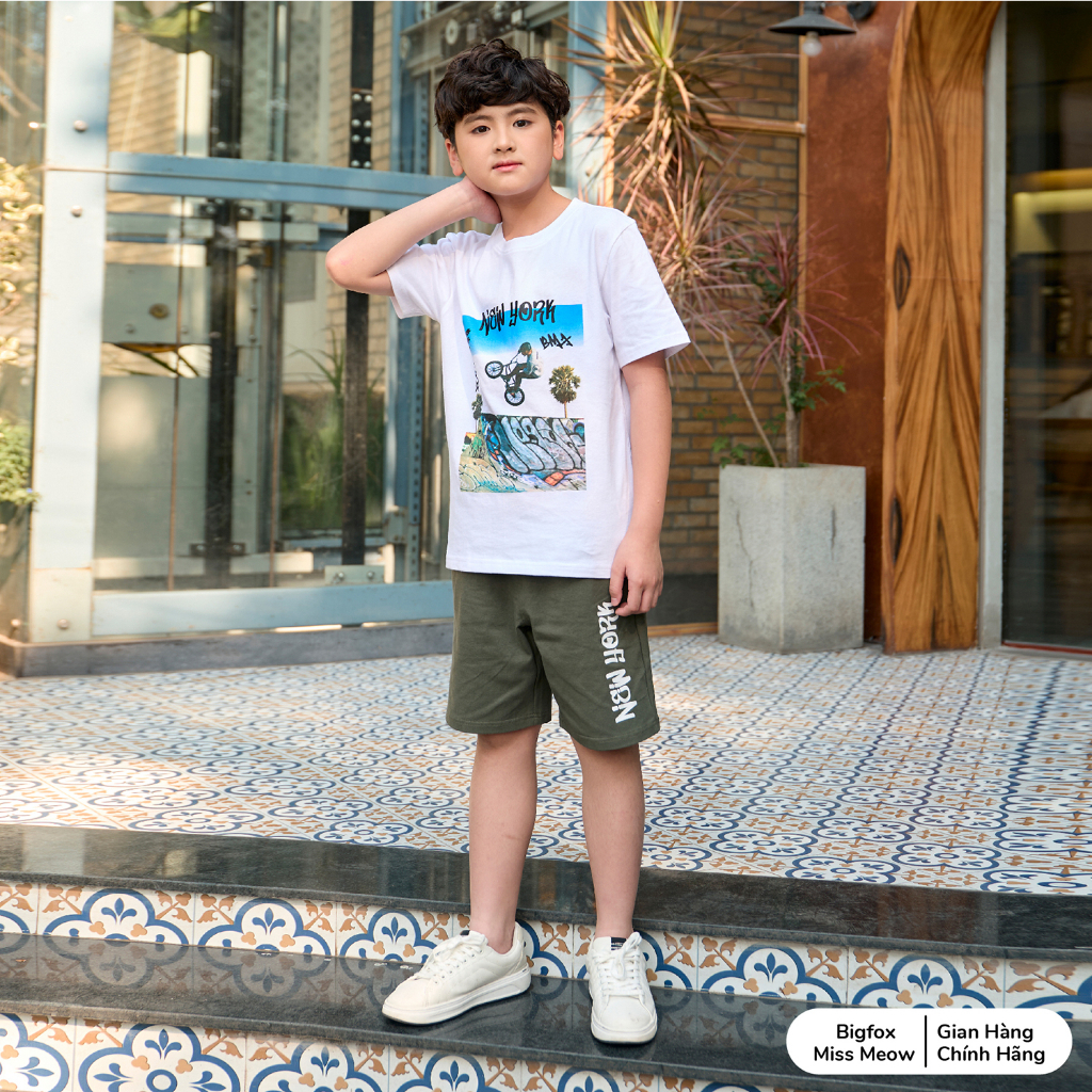Bộ hè bé trai Bigfox Miss Meow size đại phom Hàn chất cotton, dáng cộc tay hình in đẹp cho 12-15 tuổi, từ 40kg, 50kg