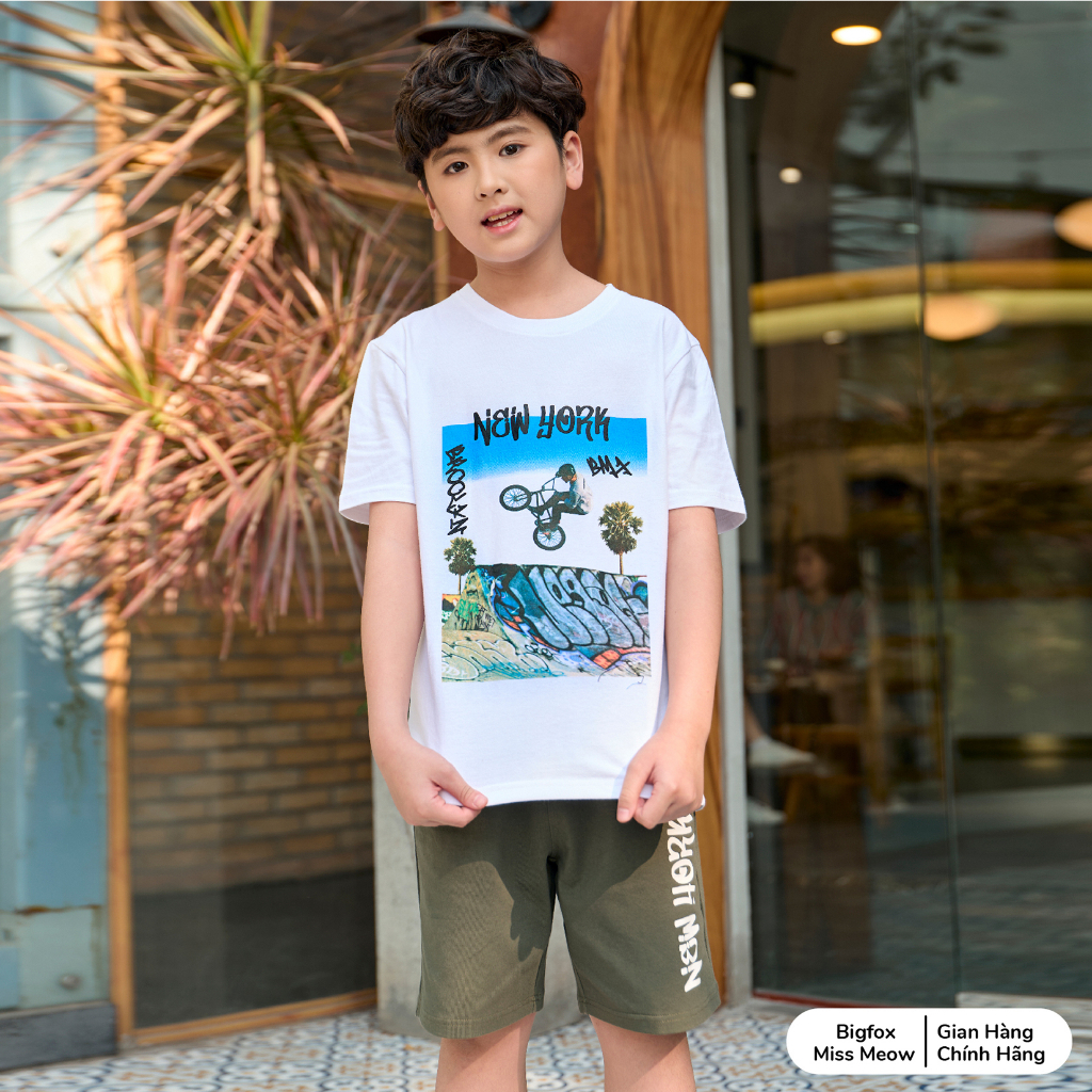 Bộ hè bé trai Bigfox Miss Meow size đại phom Hàn chất cotton, dáng cộc tay hình in đẹp cho 12-15 tuổi, từ 40kg, 50kg