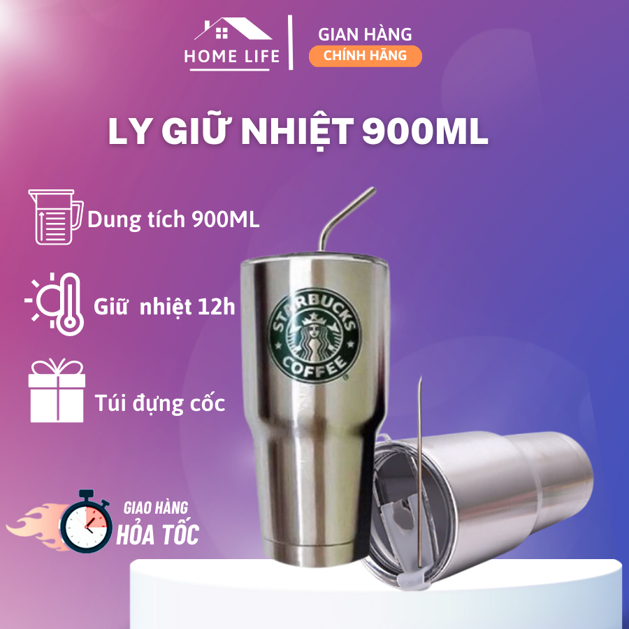 Cốc Giữ Nhiệt Logo Starbuck 900ml, Ly giữ nhiệt Tặng Kèm Ống Hút, Thanh Cọ Rửa Và Túi Đựng - Tiện Lợi Cho Mang Xách