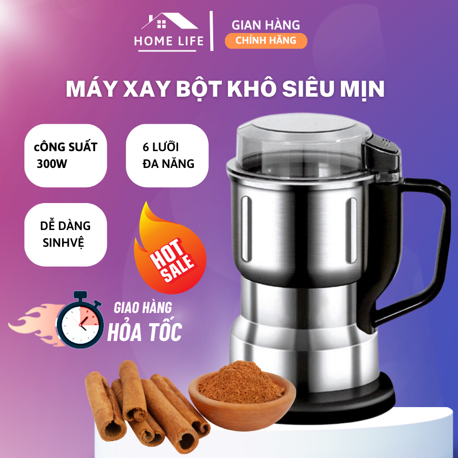 Máy xay bột khô siêu mịn xay hạt, gia vị cà phê 6 lưỡi dao cực bén, chất liệu cối inox, công suất 300w, bảo hành 12tháng