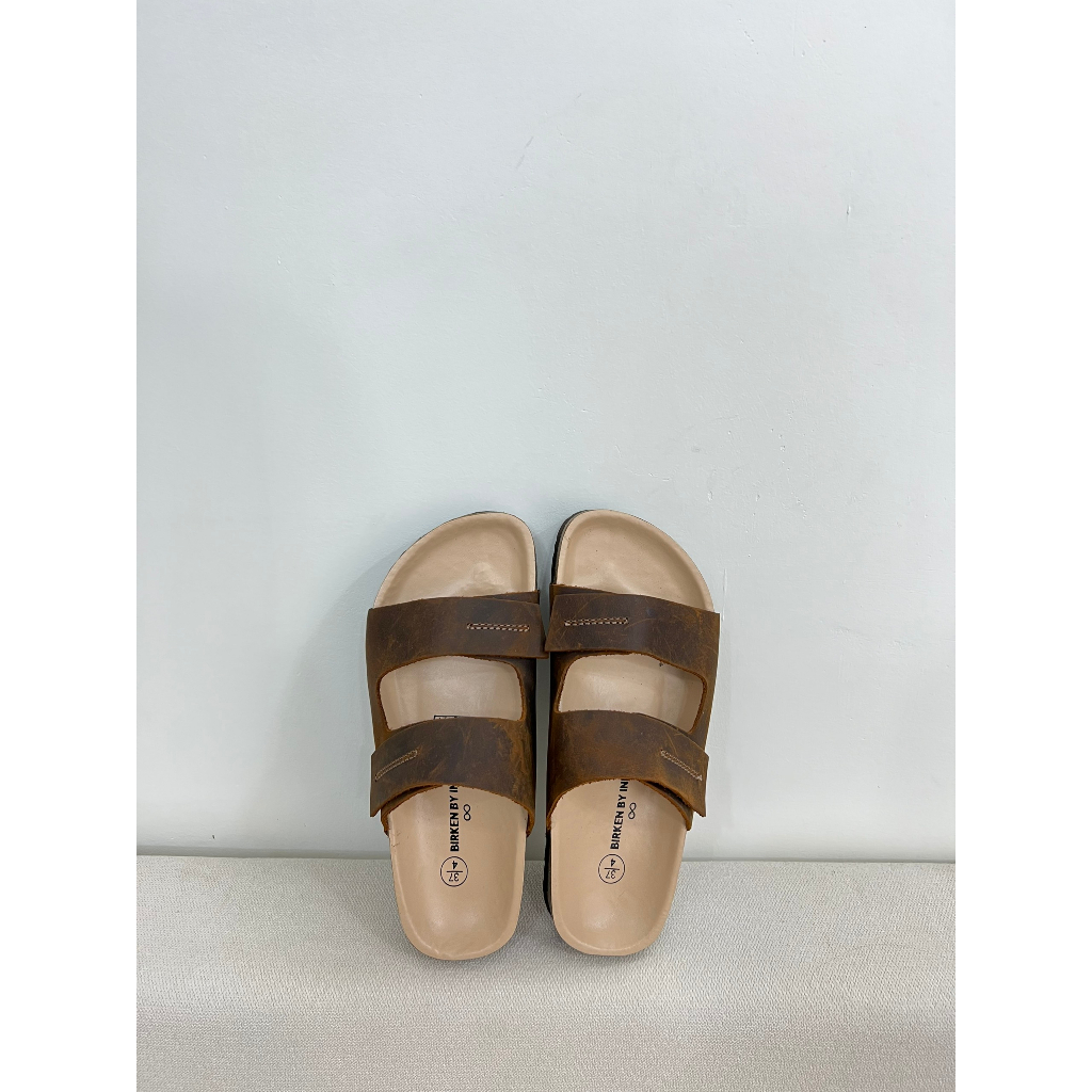 Dép Birken đế trấu nam da bò thật 2 quai ngang Detaunisex lót si kem - DEBO25