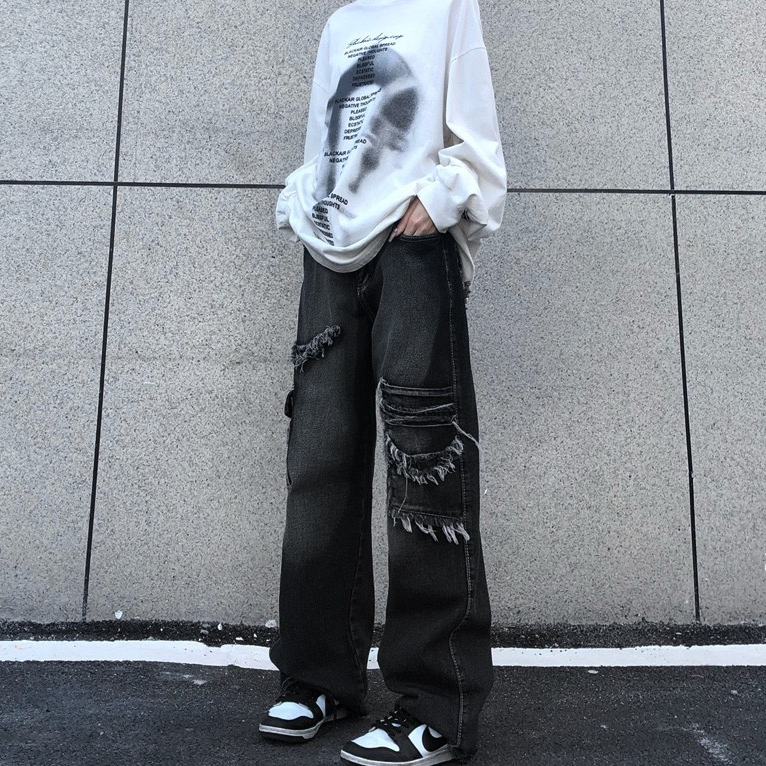 Quần bò ống rộng nữ túi hộp Shine Clothes, quần jeans ống rộng lưng cao, Quần jean đen ống xuông có túi phối rách