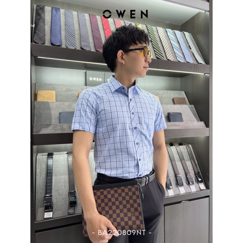 OWEN | Áo sơ mi tay ngắn Body Fit Kẻ caro xanh navy trắng - BA220809NT