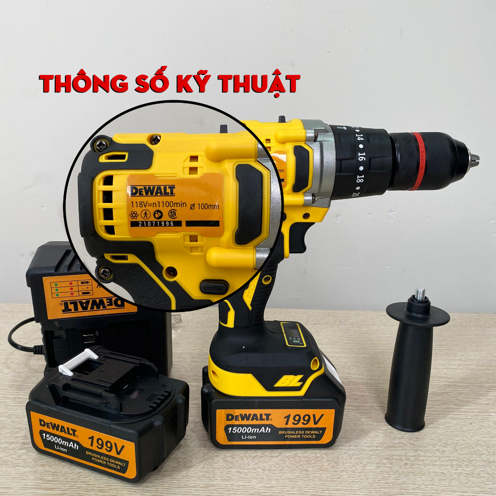 Máy khoan pin DWT 199V kèm tay cầm, khoan  tường, bắt vít, dùng liên tục 4 tiếng - Bảo hành 12 tháng