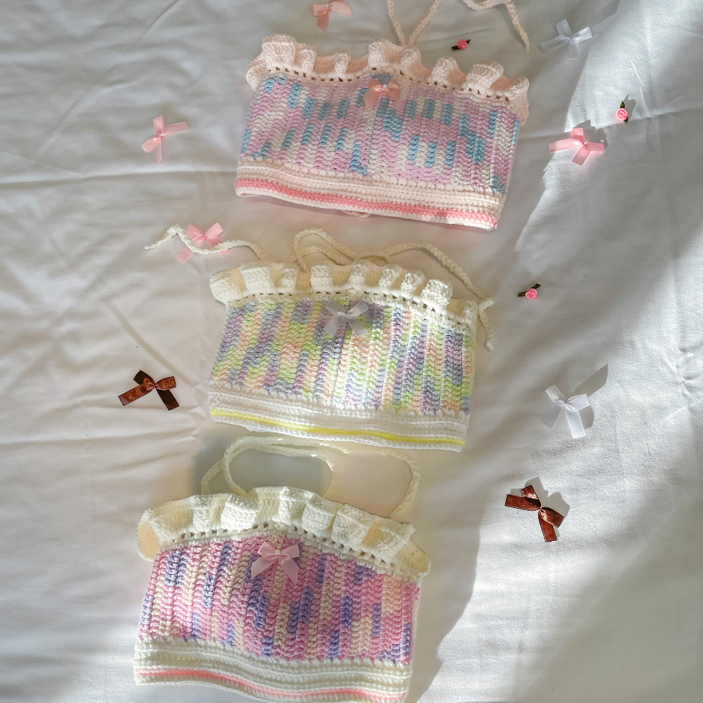 Áo croptop len Áo len móc màu loang thắt dây phía sau