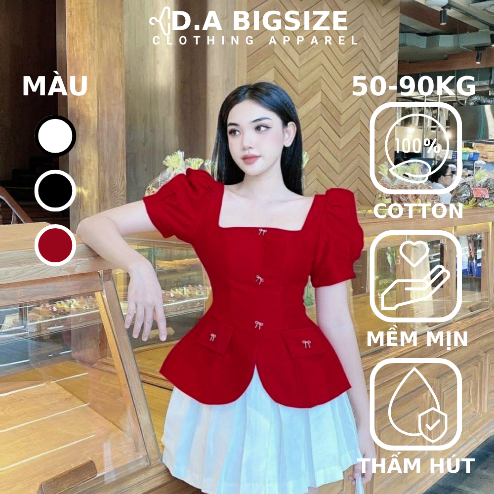 Áo Kiểu Nữ Bigsize , Áo Cổ Vuông Tay Phồng 2 Nắp Túi Nơ Đá 100% Cotton Mềm Mịn Che Khuyết Điểm Cho Người Mập 50.90kg