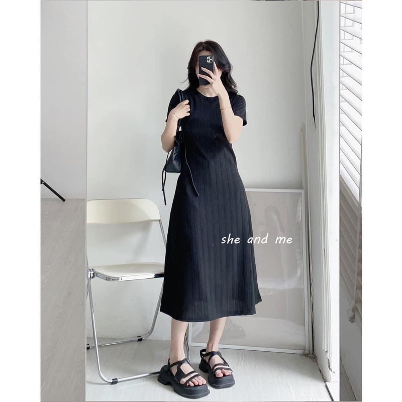 Váy midi cổ tròn hoạ tiết xương cá chất thun co giãn 4 chiều