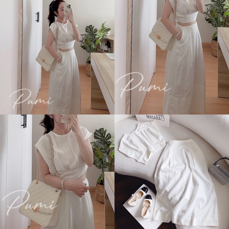 Set áo croprop tay cánh dơi cài nút bọc lưng kèm chân váy midi có túi freesize Pumi 14313