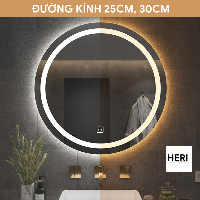 [25cm 30cm] Gương Tròn Treo Tường Có Đèn LED, Gương Treo Bàn Trang Điểm, Nhà Tắm, Cảm Ứng  tắt mở, Nhiều Size, Lắp Dễ