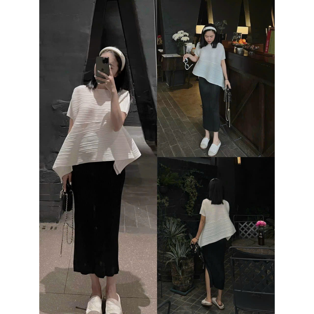 Sét đồ nữ áo thun sọc tay ngắn dáng xòe phối chân váy xếp ly cực xinh