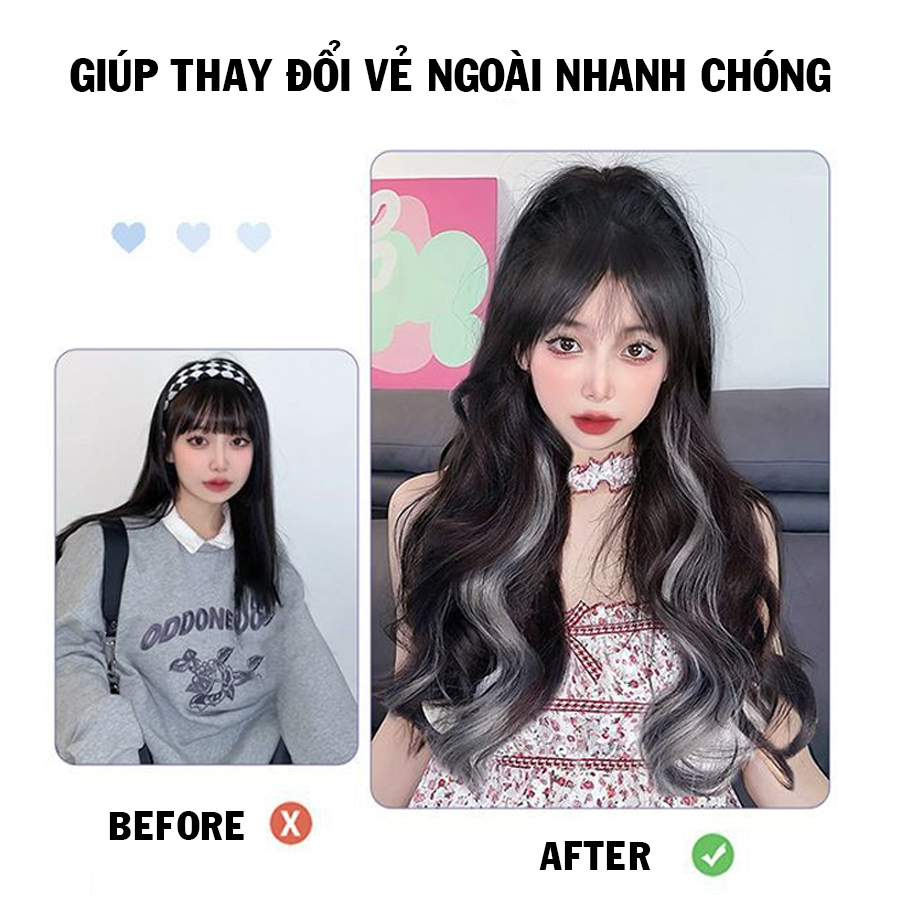 Tóc Giả Kẹp Xoăn LIGHT Sét 3 Dải Kẹp Xoăn Light Xám Khói Phong Cách Cá Tính