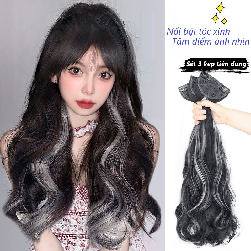 Tóc Giả Kẹp Xoăn LIGHT Sét 3 Dải Kẹp Xoăn Light Xám Khói Phong Cách Cá Tính