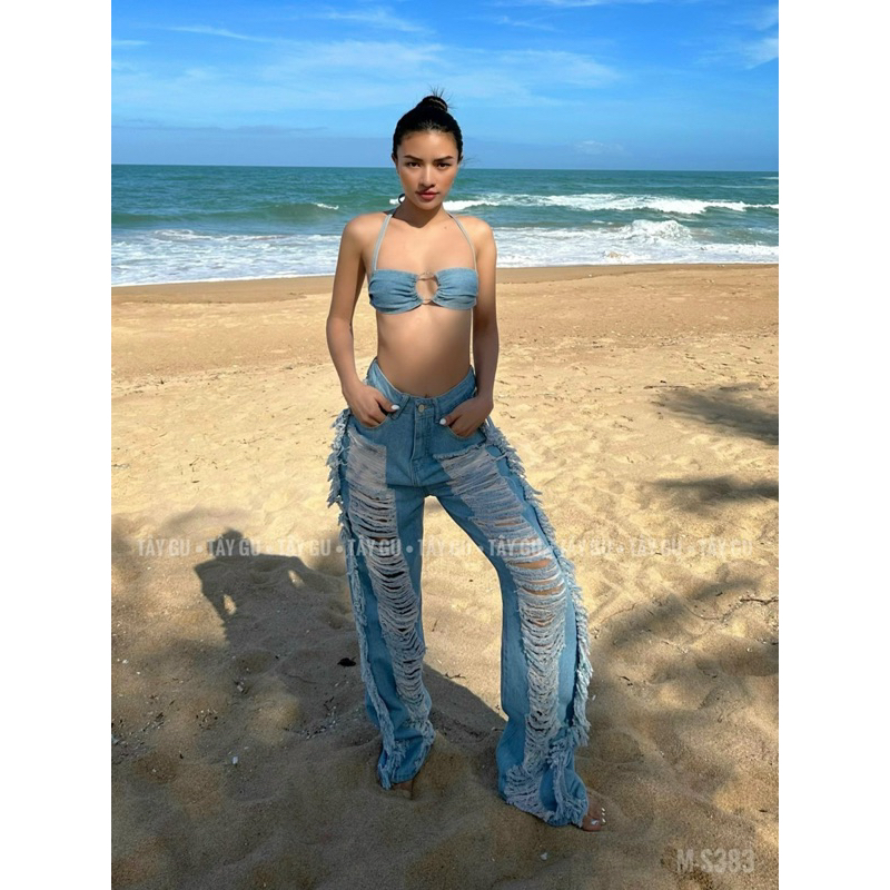 Bộ Jeans áo bikini quần dài suông rách phối tua rua 2 bên - TÂY GU