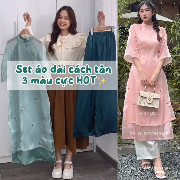 Set áo dài cách tân 3 màu cực hot, áo dài nữ chất tơ thêu hoa tay cánh tiên dễ mặc đi chơi chụp hình lễ tết 2024 đẹp