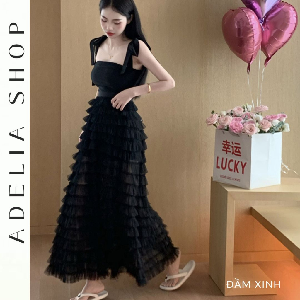 「ADELIA」Đầm Đen Dự Tiệc Tiểu Thư 2 Dây Phối Voan Tầng 2 Lớp Công Chúa BST Hè 2023