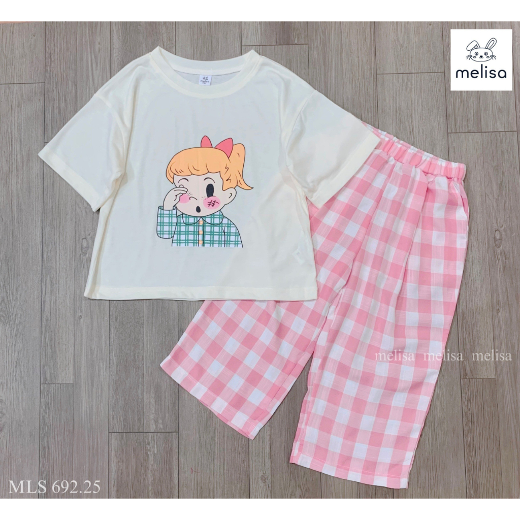 Bộ cotton bé gái Melisa áo kem cô gái quần caro hồng BH2364 (11-35kg, cao dưới 1m3)