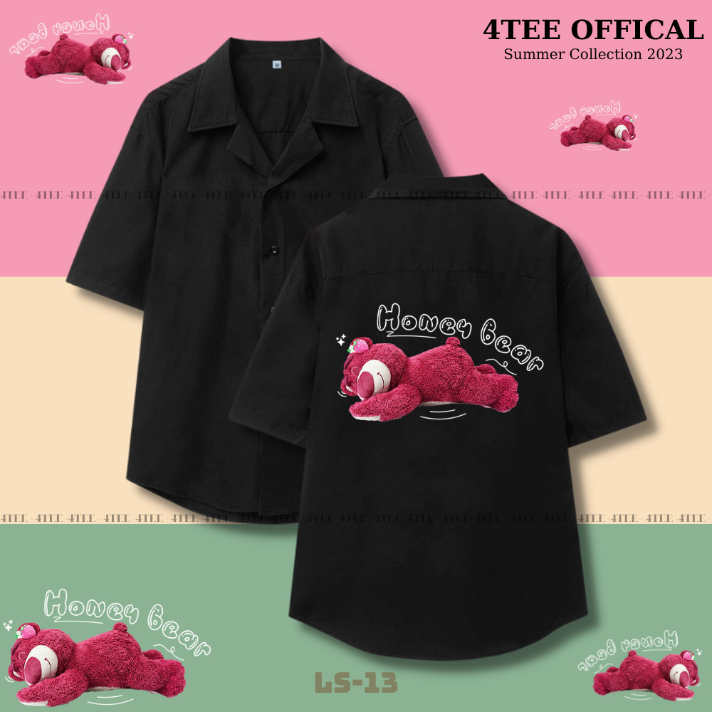 Áo Sơ Mi ĐEN gấu dâu LS Tiết Tay Ngắn Cổ Vest Thời Trang Unisex Vải Lụa Chéo