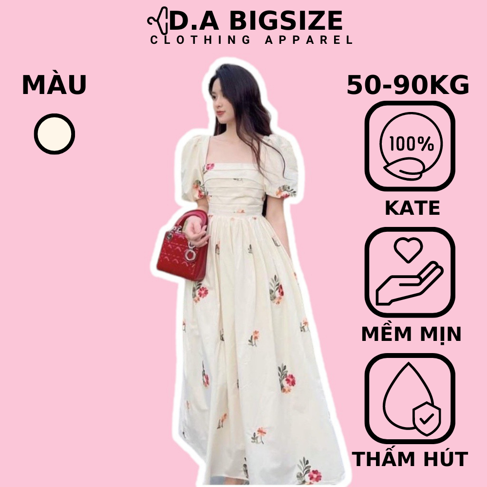 Váy Nữ Bigsize , Đầm Bigsize Nữ Cổ Vuông Xếp Ly Ngực Tay Phồng Chất Kate In Hoa Che Khuyết Điểm Cho Người Mập 50.90kg