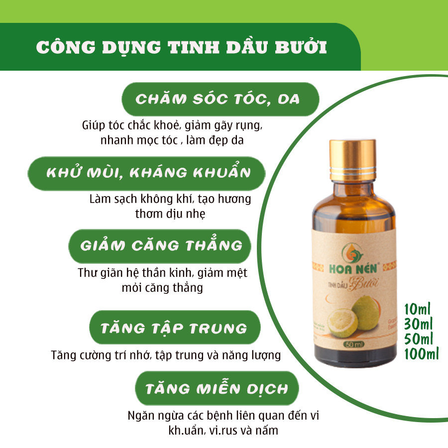 Tinh dầu Bưởi nguyên chất - Hoa Nén - Thơm dịu nhẹ, chăm sóc tóc - 10ml