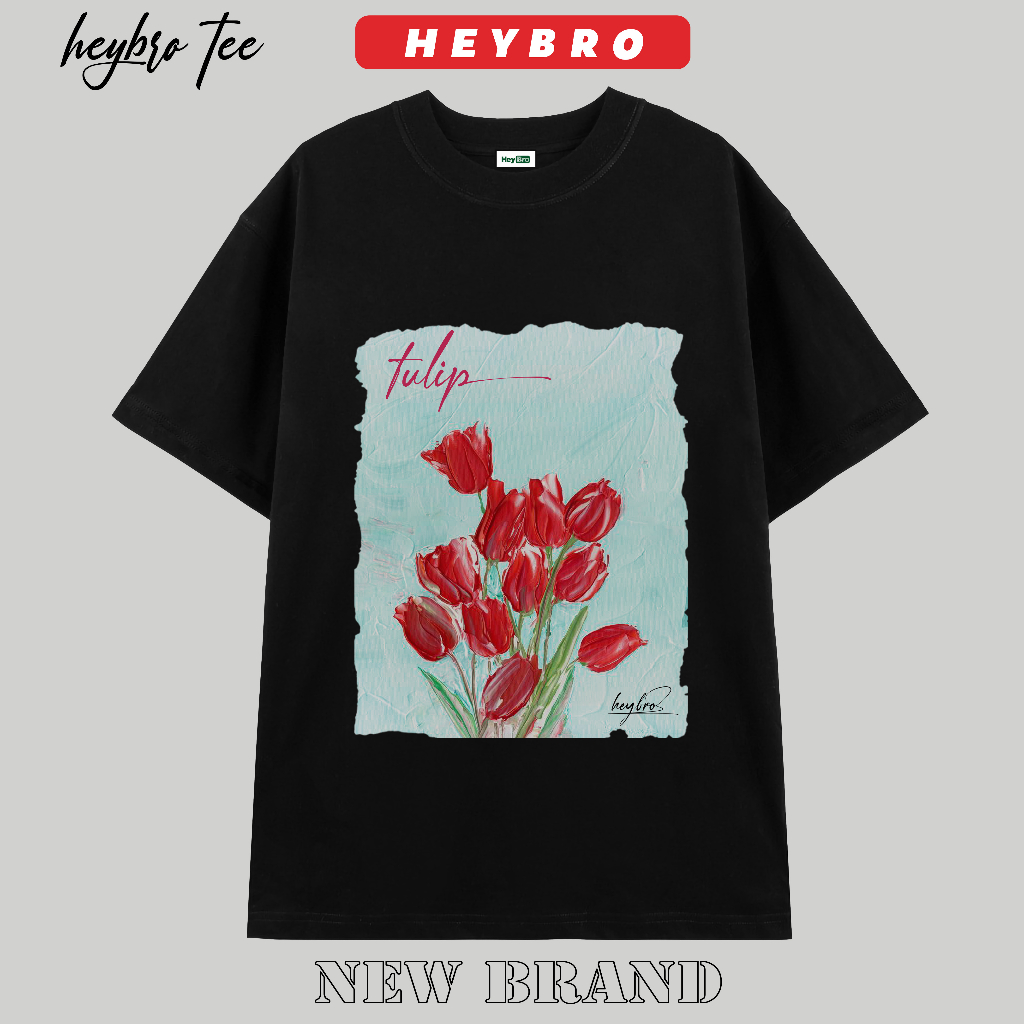 Áo thun nam nữ local brand HEYBRO, Phông tee basic tay lỡ form rộng in hoa Tulip